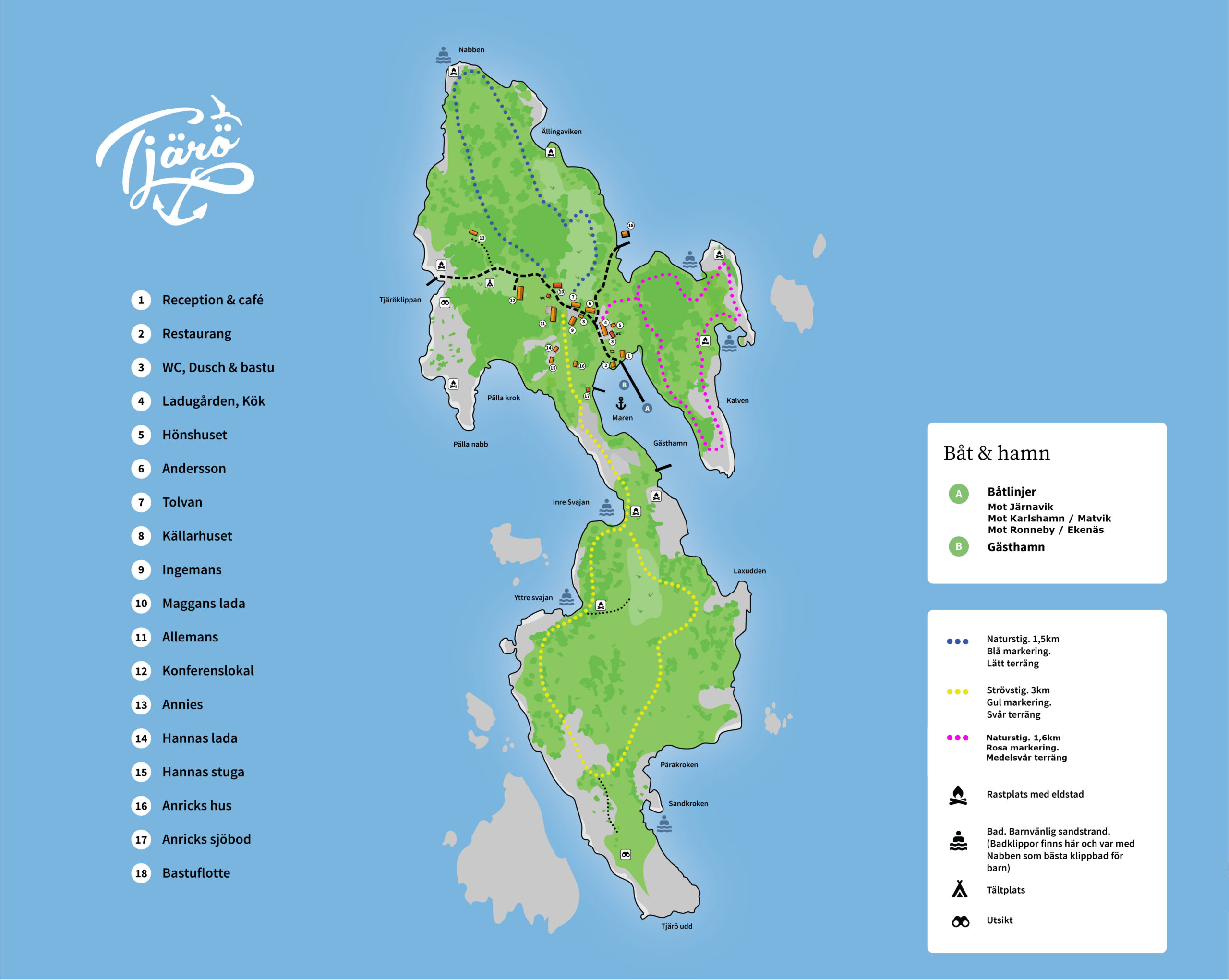 Översiktskarta färg ny Bilden visar en karta över Tjärö med byggnader och vandringsleder utmärkta